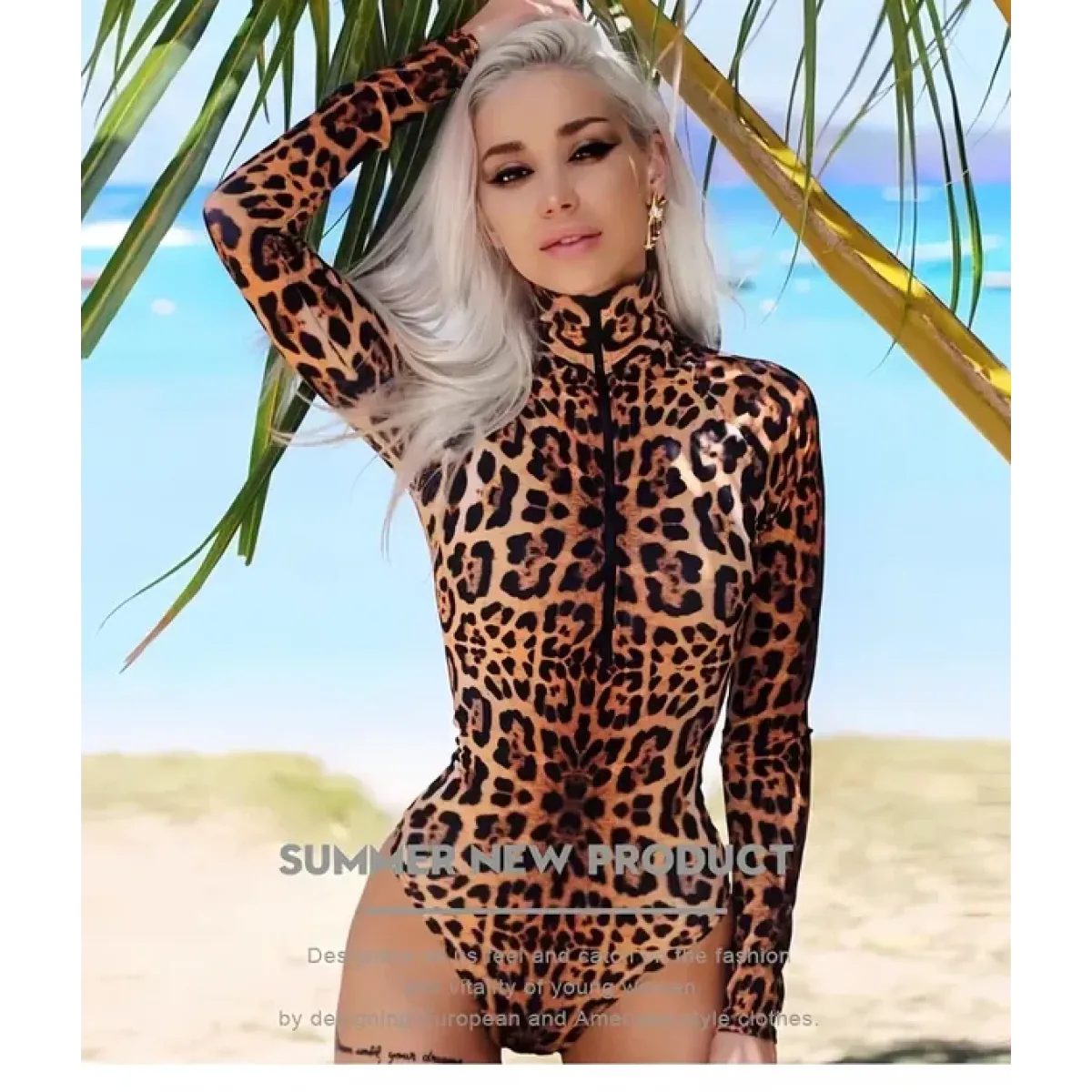 Sexy leopard print women's long-sleeved bodysuit lingerie