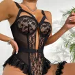 Sexy Black Lace Trim Women's Bodysuit Lingerie Set