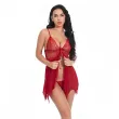Suspender pleated skirt with semi-transparent mesh and lace trim
