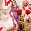 Sexy mesh nightgown with slits, lace trim and tie straps, sheer long-sleeved style