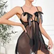 Sexy suspender hollow-out sheer set with bowknot and slits, backless design