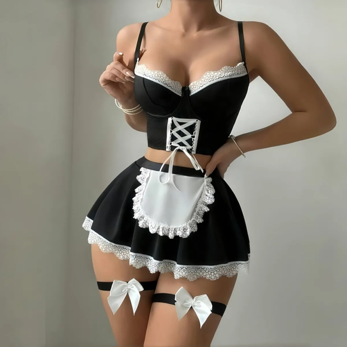 Apron maid lace trim strappy design passionate lingerie set