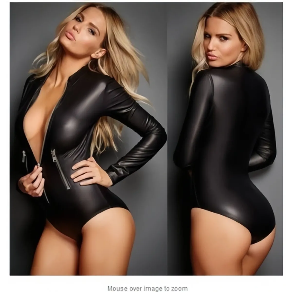 Tight-fitting bodysuit that accentuates curves, made of patent leather lingerie