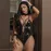 Women's black hollow-out bodysuit lingerie