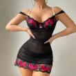 Black mesh embroidered see-through pearl off-the-shoulder lingerie