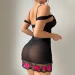 Black mesh embroidered see-through pearl off-the-shoulder lingerie