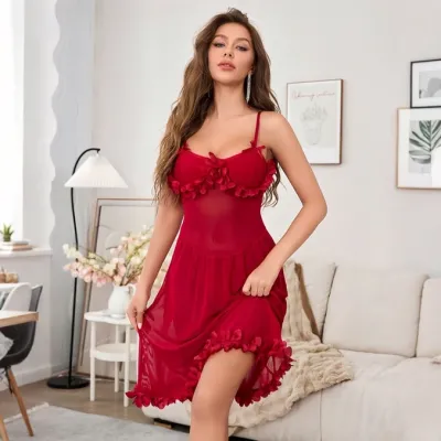 Sexy sheer mesh see-through long nightgown with flared sleeves